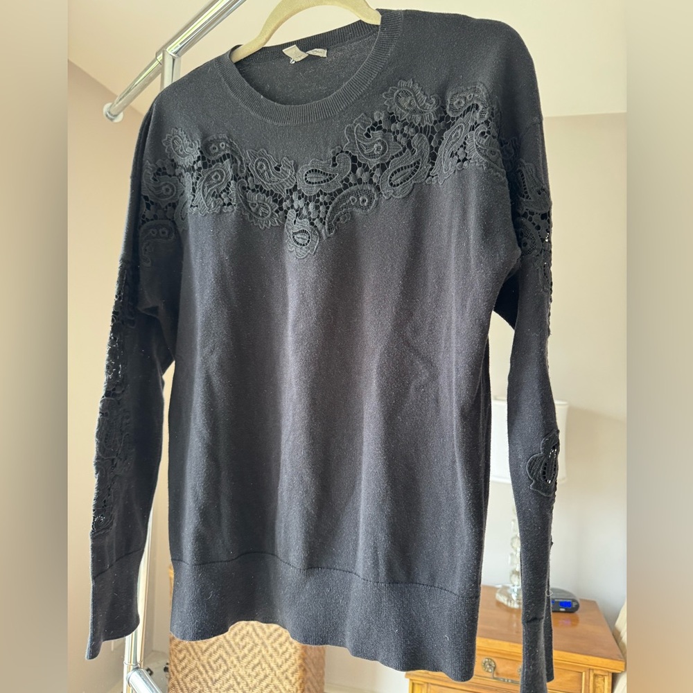 Halogen Black Knit Crewneck Knit w Lace Cut-Out Detail, sz XL